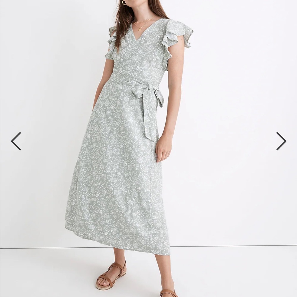 Madewell Linen-Blend Ruffle-Sleeve Wrap Midi Dress in Piazza Floral Size Medium